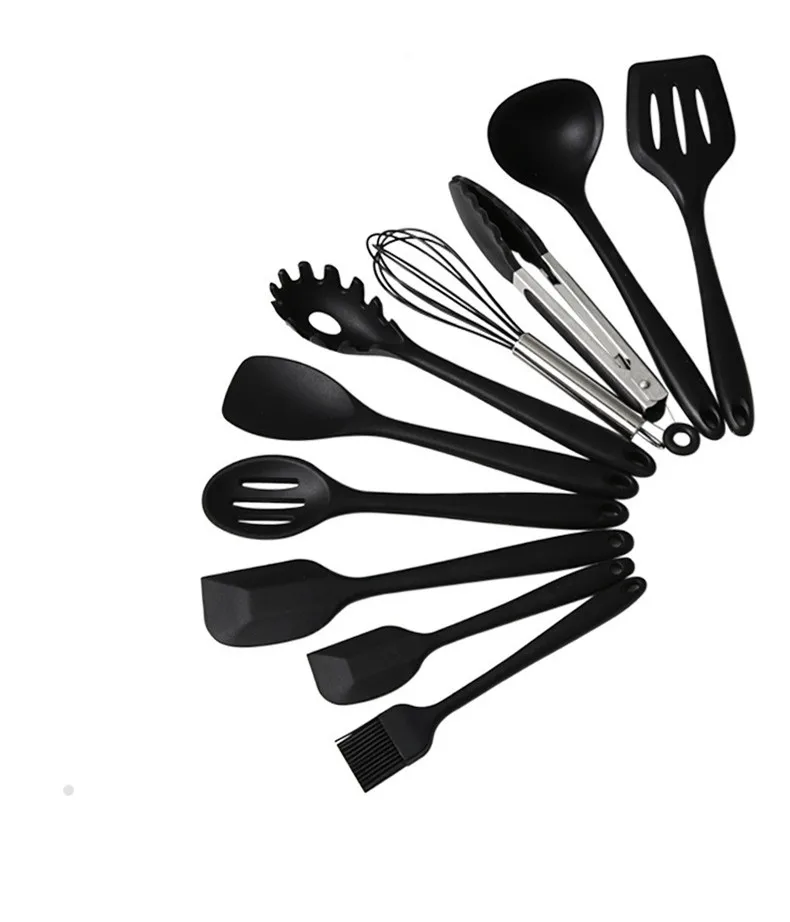 Антипригарные инструменты для выпечки силиконовая посуда наборы для яиц Beater ложка зажим шпатель масляная щетка щипцы для хлеба кухонные принадлежности 10 шт. комплект - Цвет: black
