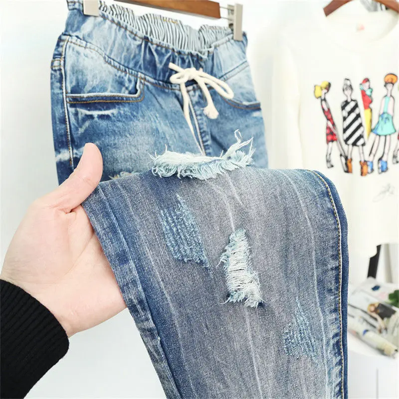 Рваные джинсы для женщин в стиле бойфренд, свободные винтажные джинсы с высокой талией, женские штаны-шаровары, Повседневная Уличная одежда размера плюс, джинсы для мам 5XL Q58