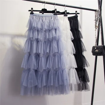 

Fairy Gauze Skirt Long Skirt Woman 2019 Spring Summer New Layers of Irregular Mesh Cake Skirts Female Holiday Clothes