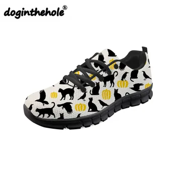 

doginthehole Women Low Toe Flat Shoes for Autumn Mesh Flats Halloween Cats Printing Sneakers Ladies Lace-Up Shoes Zapatos Mujer