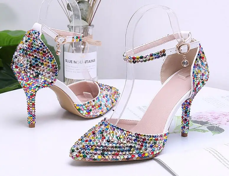 

N Women Pumps High Heel Bridal White Wedding Shoes Rhinestone Crystal Shallow Fashion Faux Silk Satin