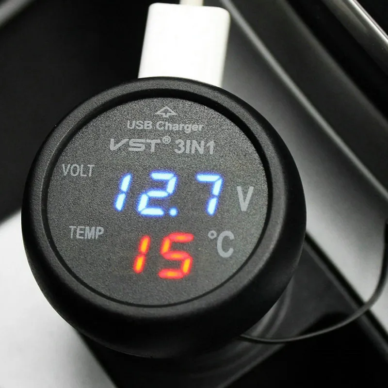 

3 In 1 USB Car Charger Voltmeter Thermometer Digital Display Automobile Voltage Tester Temperature Monitor Meter CSL2017