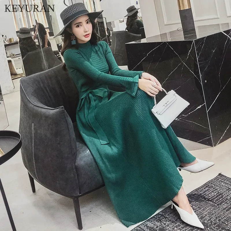 2020 Women Autumn Winter Sweater Long Dress Elegant Sweet Ruffles Sleeve Knitted Bodycon Prom Party Dresses Slim Vestidos | Женская
