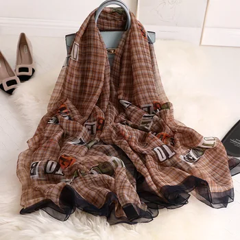 

Hot 2020 Plaid Silk Scarf For Women Long Size Pashmina Lady Shawl Female Wraps Bandana Foulard Hijabs Print Soft Beach Stoles