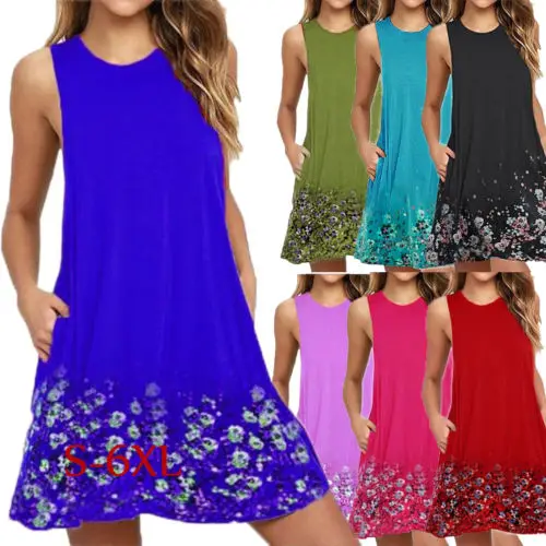 

Women Summer Casual Sleeveless Beach Dress Loose Holiday Boho Sundress Plus Size S-6XL