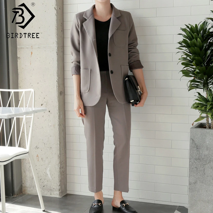 High Quality Long Slim Pant Female New Blazers Suit Solid gray Simple Women Pants Suits 2 Piece Sets Fall New Arrival S87404X High Quality Long Slim Pant Female New Blazers Suit Solid gray Simple Women Pants Suits 2 Piece Sets Fall New Arrival S87404X