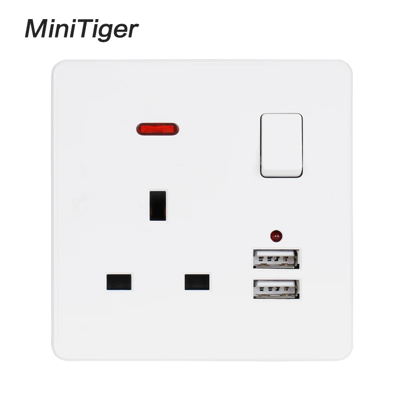 Minitiger Белая настенная розетка 13A стандарт Великобритании переключаемая 2.1A