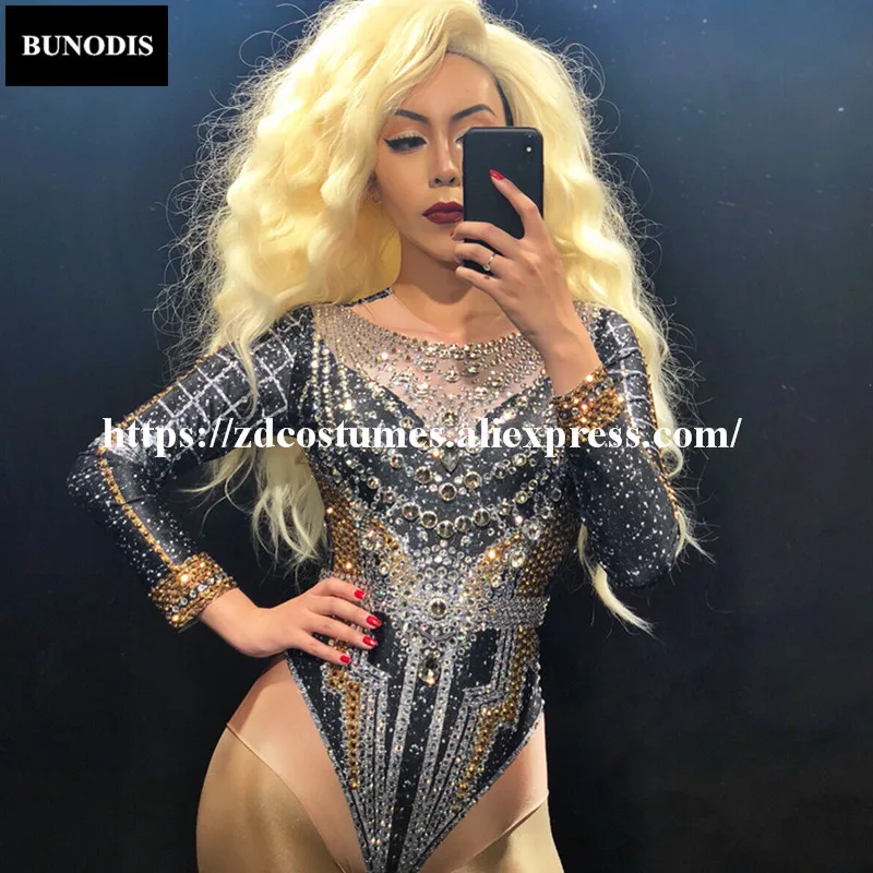 

ZD223 Women Black Sexy Bodysuit Full Of Silver Gold Sparkling Crystals Jumpsuit Nightclub Party Stage Wear Performance Costume
