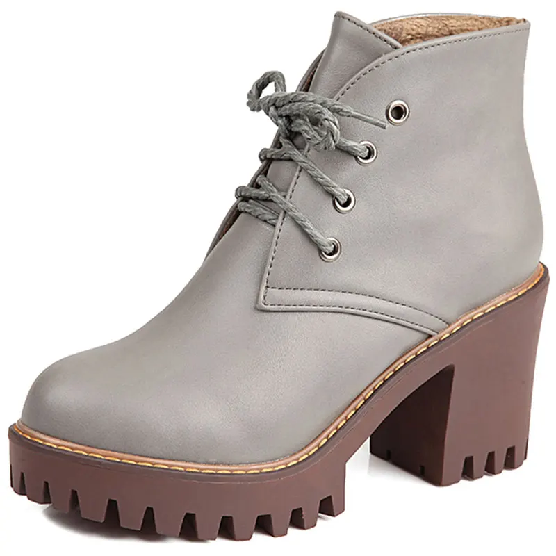 Female Classic High Fashion Round Toe Thick Heels Lace-up Knight Ankle Boots Lady Black Grey Simple Vogue Martin Shoes ZX648 | Обувь