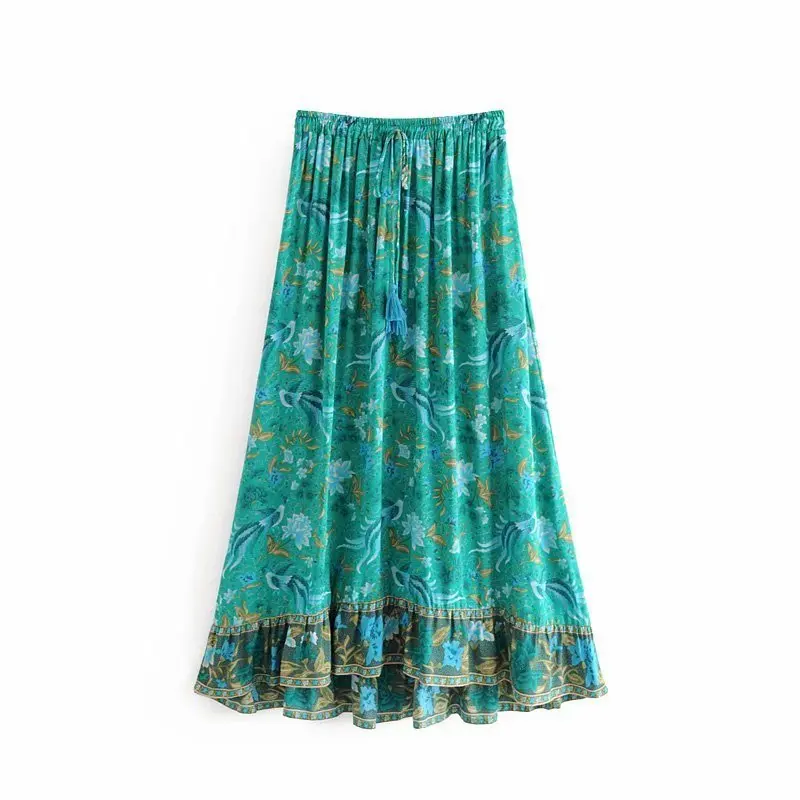 

Women Green Bohemian Beach Holiday wear Long skirt 2019 Summer Floral Printed Lady National Wind Skirt