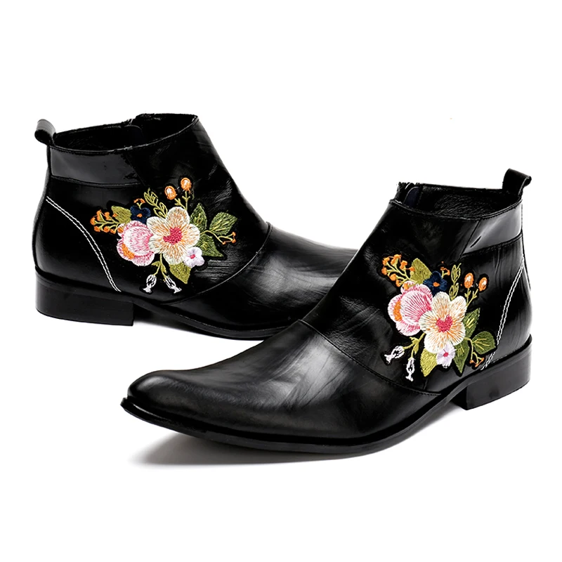 De Plus En Sl133 Qualité Véritable Homme Bascule Hommes Équitation Noir Chaussures Pointu La Broderie Cuir Bout Luxe Bottines Taille Haute À Main jARL354
