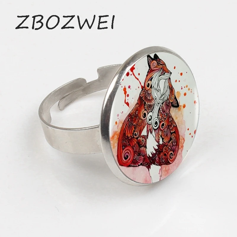 

ZBOZWEI 2018 Fox with Her Baby Ring Statement Silver Ring For Women Dress Accessories Glass Dome Jewelry