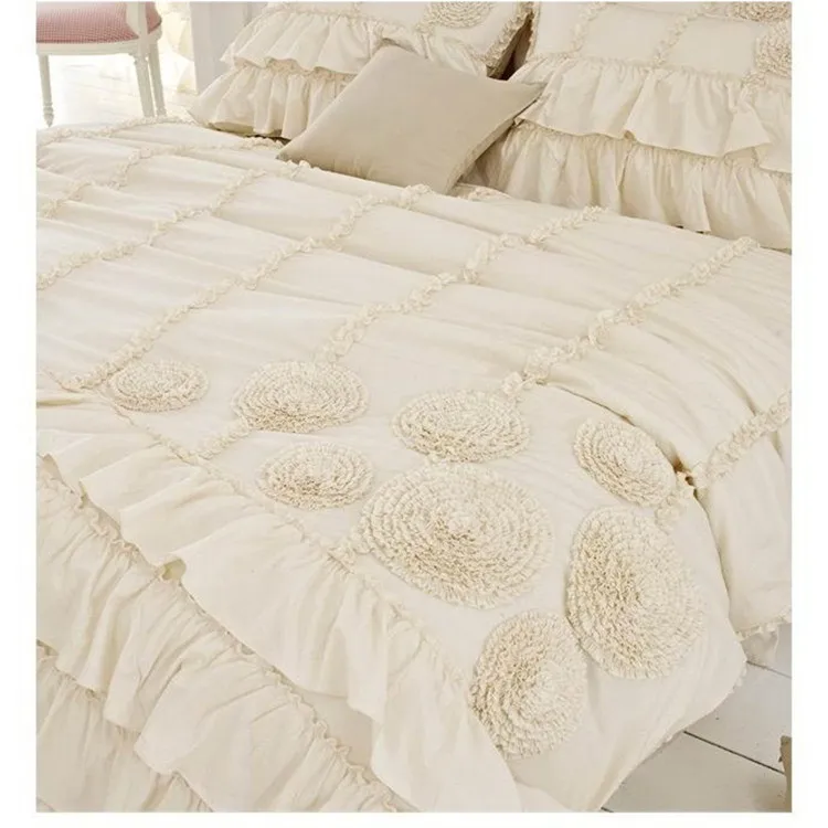 

Korean beige three-dimensional flower layer bedding set twin full queen size ruffle falbala princess bed skirt free shipping