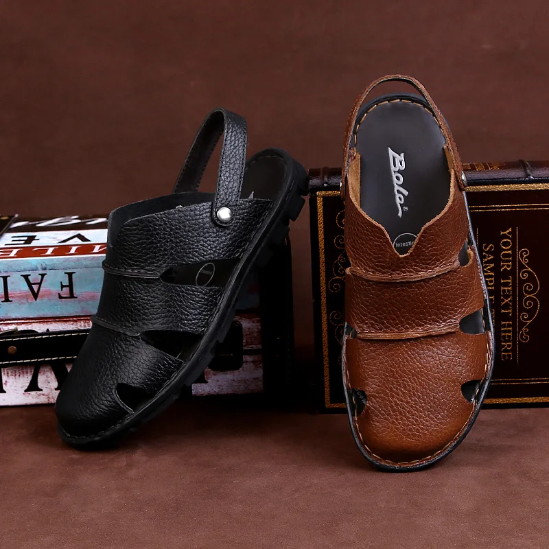 

BOLE New Men Causal Sandals Summer Fashion Designer Genuine Leather Men Sandals Breathable Cozy Beach Sandals Flats Men Slippers