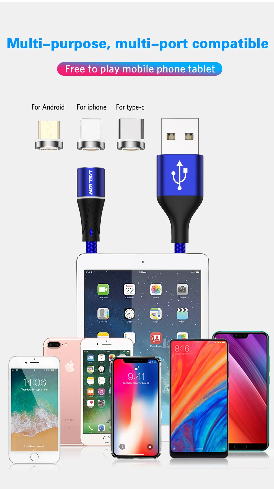 USLION 3A Магнитный usb-кабель type-C, магнитный кабель для телефона, быстрое зарядное устройство, USB Micro type C, зарядный шнур, быстрая зарядка для iPhone XS 7