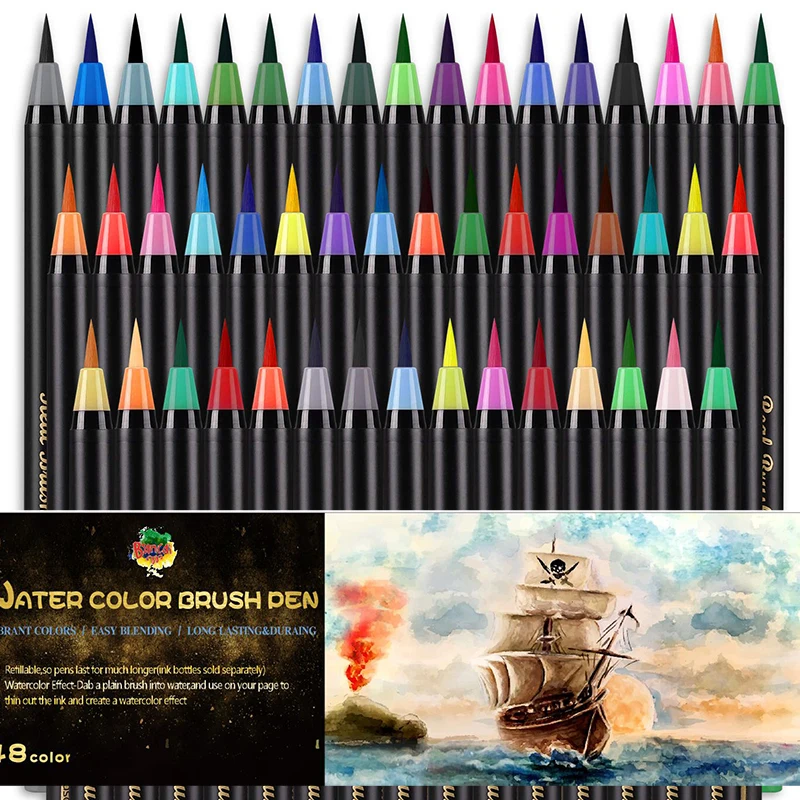 

48 24 Color Brush Pen Coloring Book Drawing Art Marker Supplies School Painter Calligraphy Watercolor Brush Pens