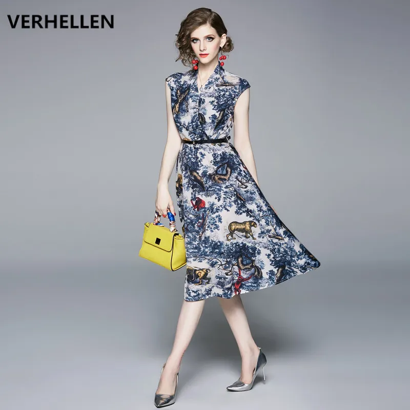 

VERHELLEN High Quality Fashion Designer Runway Dress 2019 Summer Women's Sleeveless Retro Blue and White Porcelain Vintage Dress
