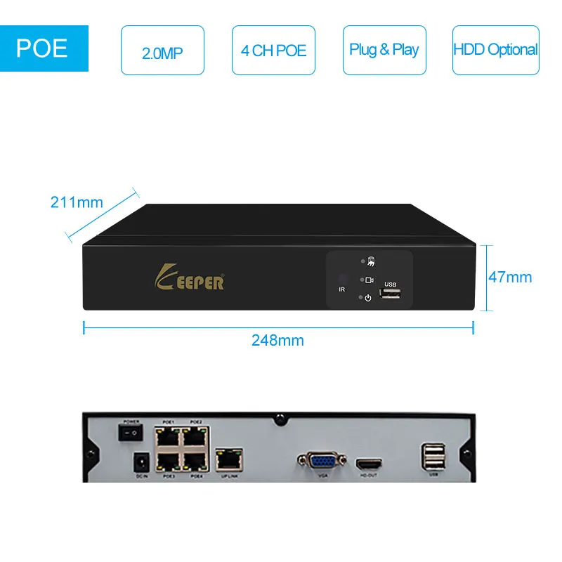 Система видеонаблюдения Keeper 4 канала POE 1080P NVR 2 МП наружная IP камера HD