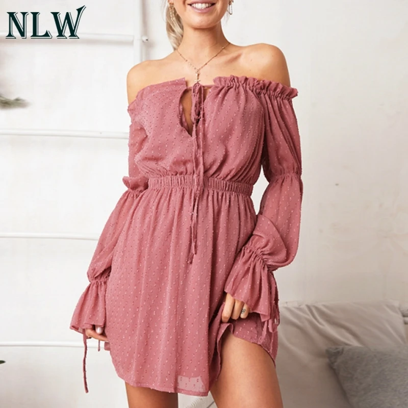 

NLW Casual Off Shoulder Lace up Short Dress Flare Long Sleeve Lace Dress Elegant Party Dress Beach Boho Vestidos