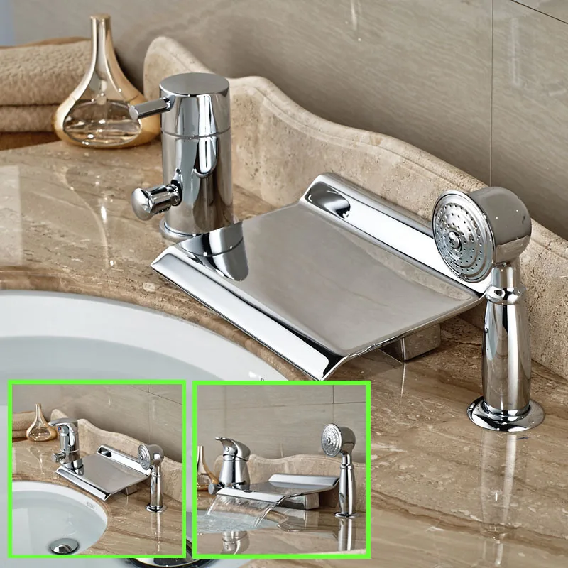 

Deck Mount Waterfall Bathroom Tub Faucet Single Hhandle Tub Mixer with Handshower Chrome Finish
