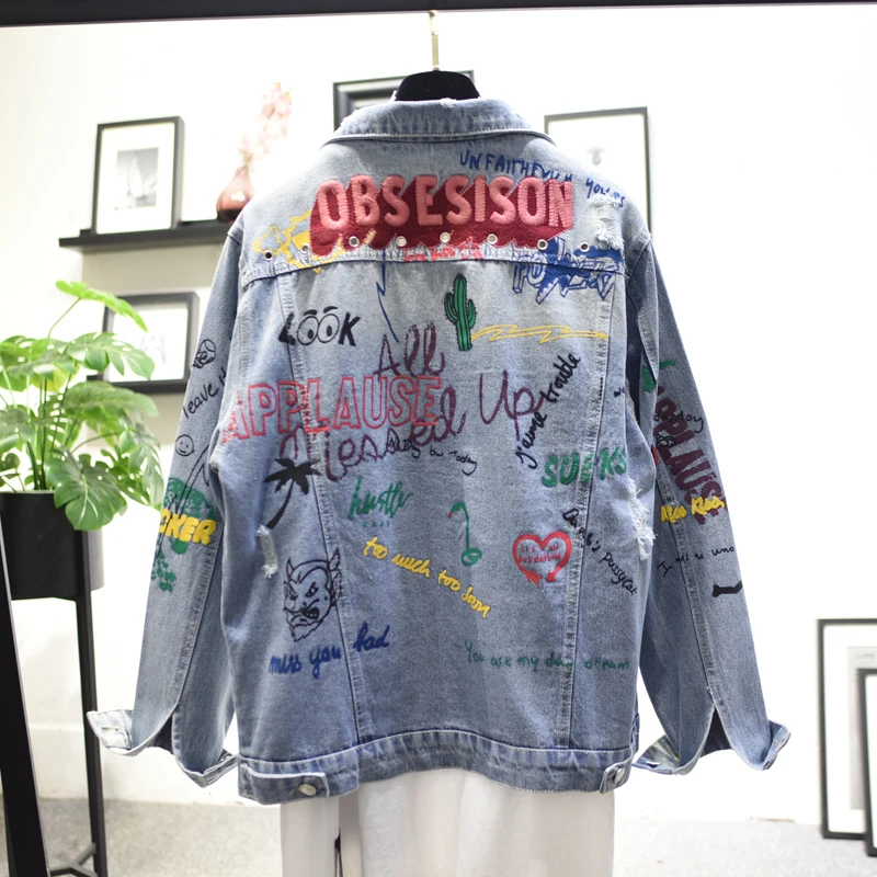 

Girl Cool Denim jacket Women Graffiti Painted Jean Coat Bomber Jacket Long Sleeves Letter Embroidery Outwear Female Jeans Loose
