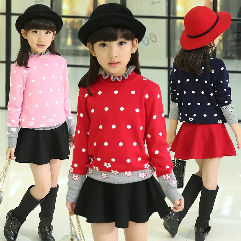 Детская одежда для девочек свитер вязать Наборы для ухода за кожей новые зимние корейские плотная одежда для детей Костюмы Красный, темно-синий розовый в горошек