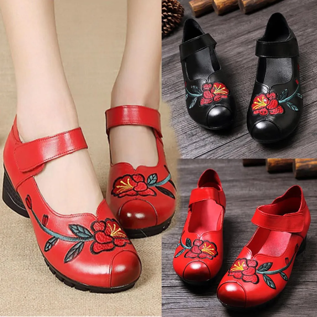 Женская обувь на среднем толстом каблуке с вышивкой ручной работы scarpe donna zapatos de