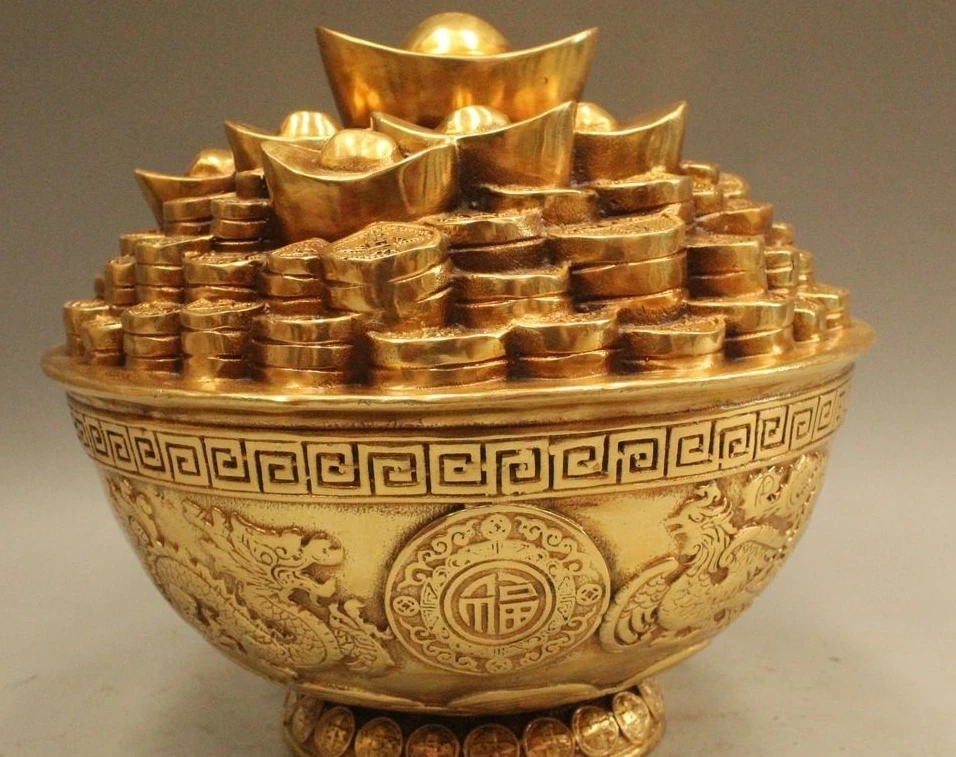 

7"Chinese Chinese Fengshui Brass Wealth Yuanbao Ruyi Rich Treasure Bowl Statue