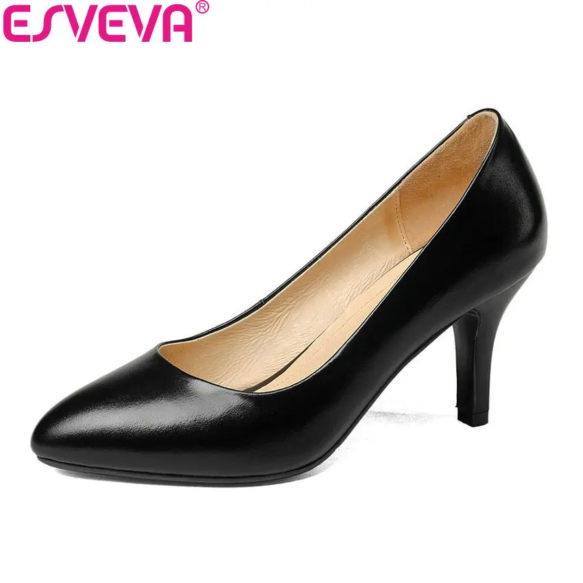 

ESVEVA 2018 Western Style Women Pumps Offices Thin High Heels Cow Leather PU Elegant Slip on Pointed Toe Pumps Shoes Size 34-42