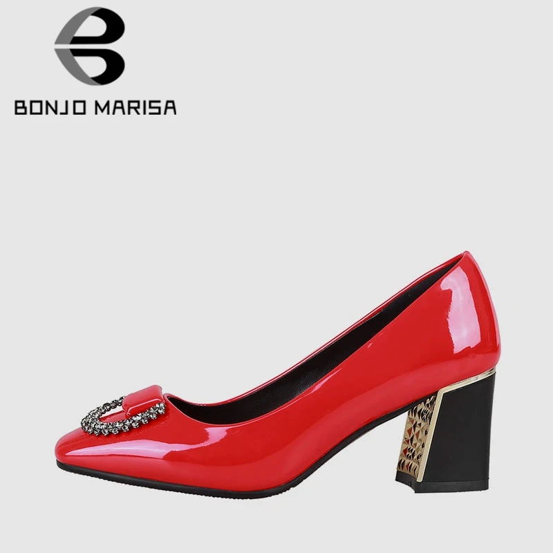 

BONJOMARISA Spring New Fashion Crystal High Heels Pumps Women 2019 Large Size 32-42 Patent Pu Decorating Shoes Woman