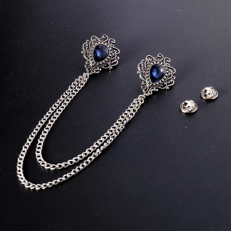 New Vintage Alloy Rhinestones Large Brooches Fashion Shawl Tassel Chain Lapel Pin Shirt Suit Jewelry for Men Wedding Accessories