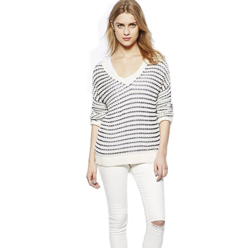 HYH HAOYIHUI 2018 Fashion Sexy Black-white Stripe Women Sweater Female Long Sleeve V-neck Knit Casual Pullover Sweaters Lady