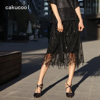 

Cakucool Women Sequined Skirt Black Mesh Lace Tassles Elegant Slim Bling See-through Mid Long Skirts