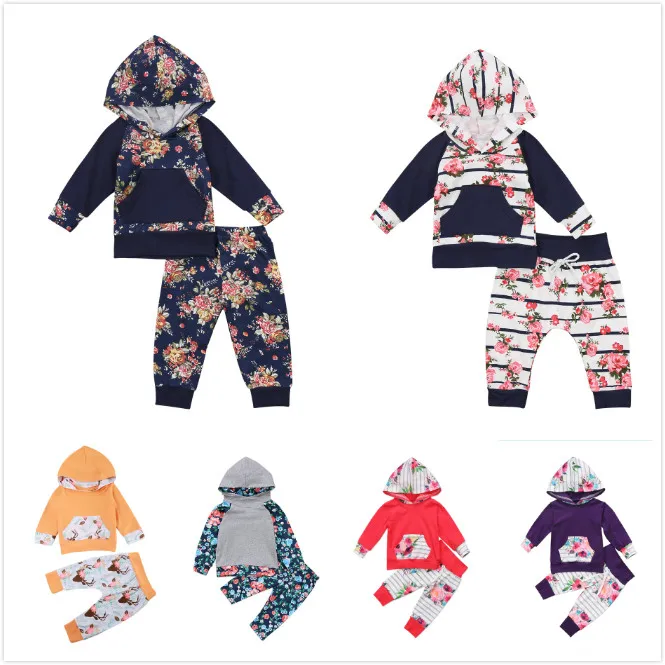 

7 Style ! Autumn Winter Newborn Toddler Baby Girl Floral Hooded Sweater Tops + Striped Pants Outfits Set Clothes