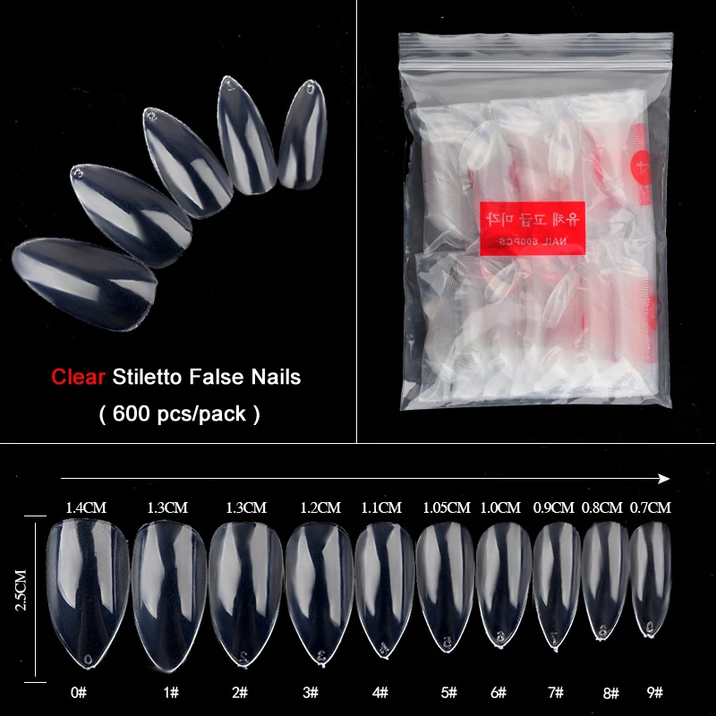 

TKGOES 600pcs Transparent Oval Stiletto Pointy Full False Nail Tips Almond Shape Acrylic Artificial French Nail Art Salon Tips