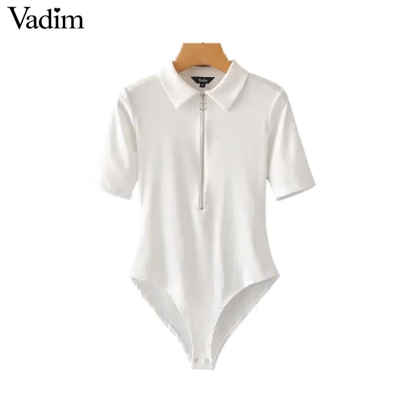Vadim white black bodysuits turn down collar short sleeve stretchy