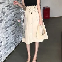 Женская плиссированная Высокая талия с бантом галстук пуговица для юбки Пояса солнце школа Женская миди юбка Милая летняя элегантная одежда женщина