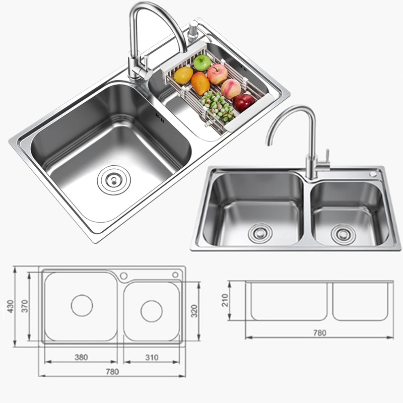 304 кухонная раковина из нержавеющей стали, двойная чаша для раковины, раковина для горячей и холодной воды, набор для кухонных принадлежностей