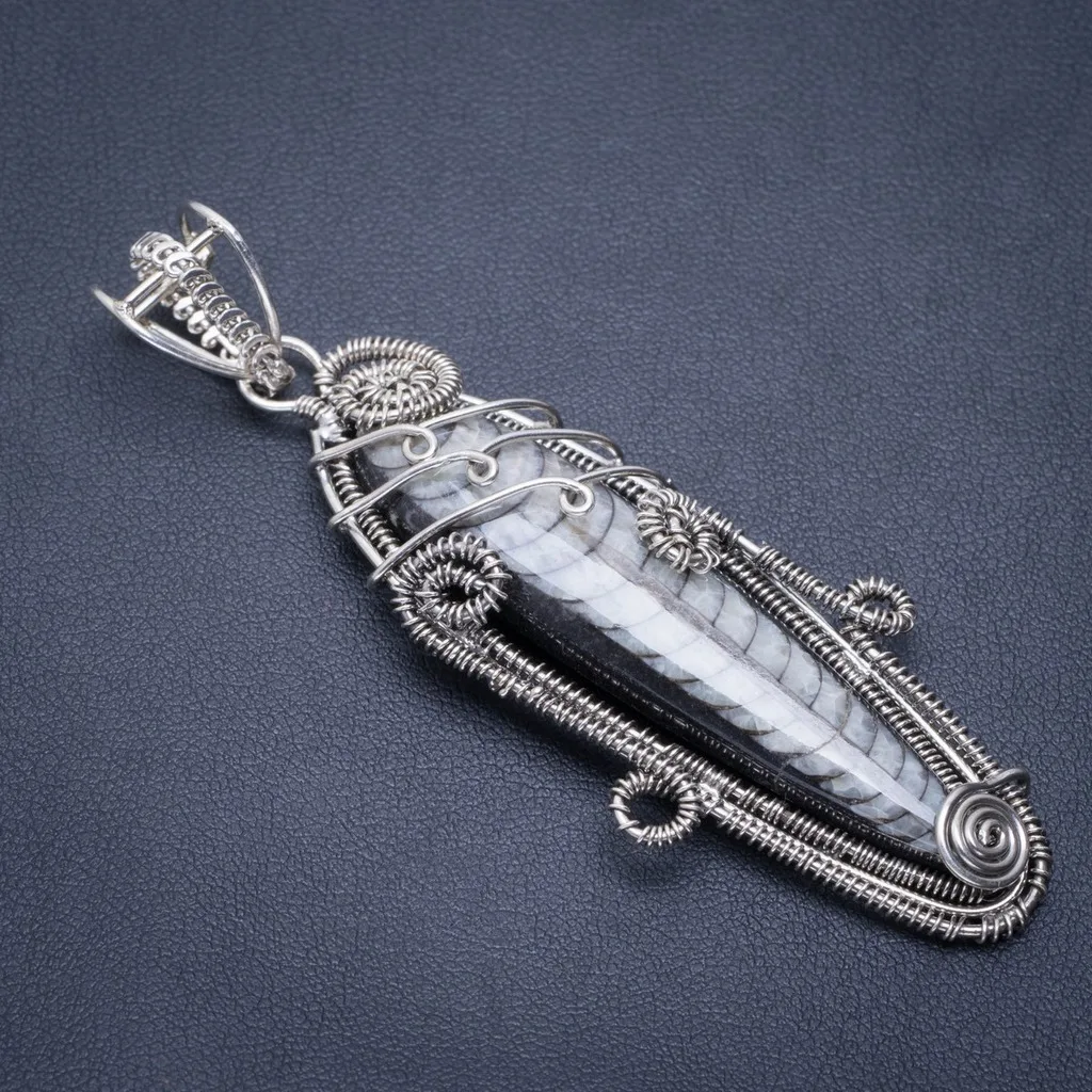 

Natural Fossil Orthoceras Shell Handmade Unique 925 Sterling Silver Pendant 3" A1592