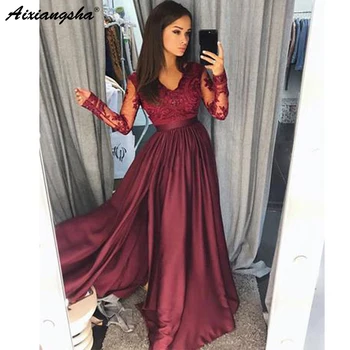 

Elegant Burgundy Evening Dress Long V-neck long Sleeve Lace Applique Prom Dress Floor Length Party Gowns robe de soiree
