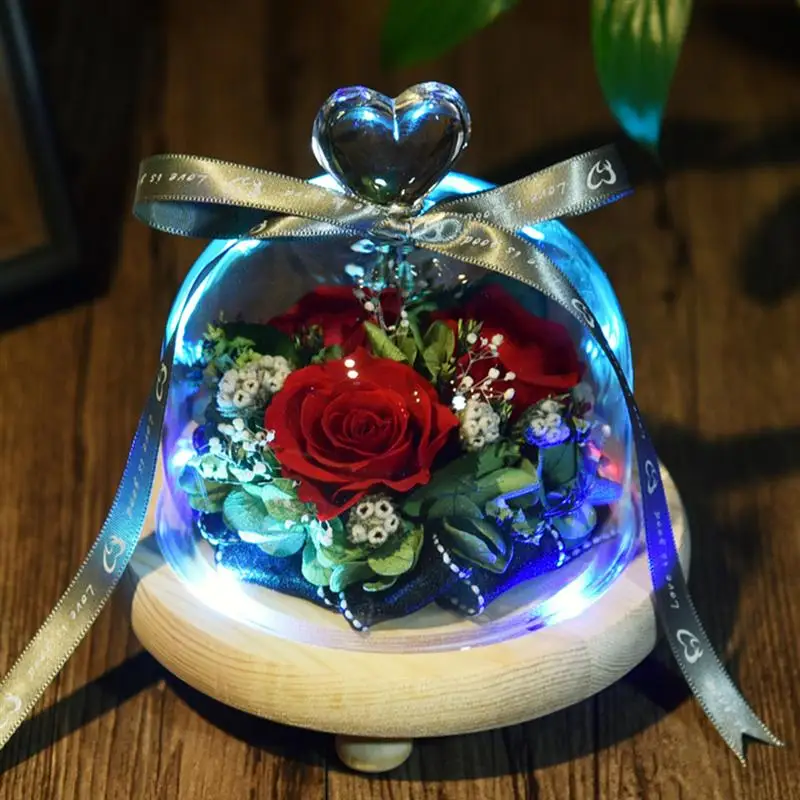 

Preserved Rose Flower In Glass Dome With Lights Romantic Decoration Gift For Valentine'S Day Anniversary Birthday