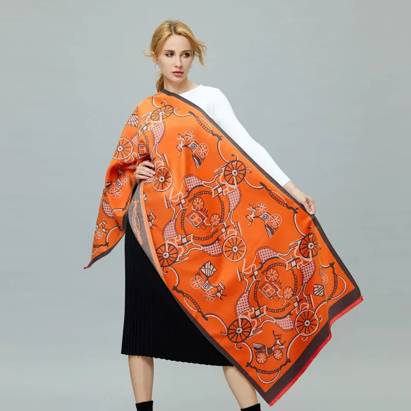 KOI LEAPING European and American style ladies fashion popular Carriage pattern printing cashmere shawl warm scarf best gift 2022 women s russian print scarf female floral pattern cotton scarves wraps retro ukrainian ladies fringed national scarf shawl