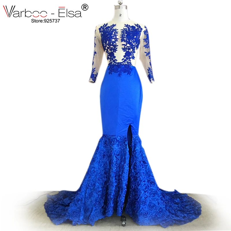 Royal Blue Mermaid dress Split Prom Gowns 2017 Sexy Illusion Long ...