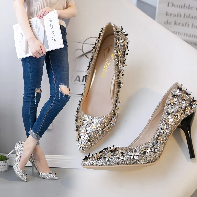 

2019 spring and autumn new shallow mouth pointed sequins high heel stiletto flowers women's shoes single shoes free post