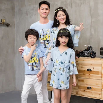 

Summer Mother Daughter chiffon overalls Family Matching Clothes Outfits dad and son printed T shirt Mom me Dress Family clothes