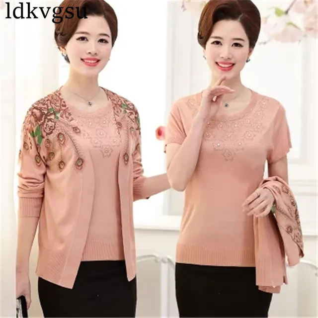 Best Offers 2018 Middle-aged Women's Short-sleeved T-shirt Fashion Mother Plus Size Spring Autumn Cardigan Coat Tops Two-piece Suit A1222