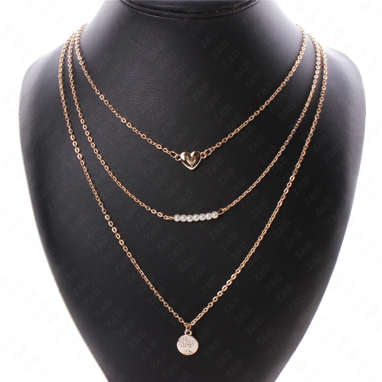 

Fashion Simple style Fine Jewelry Heart & Tree of life sequins & Pearl Multilayer Pendant Choker statement Necklaces for women