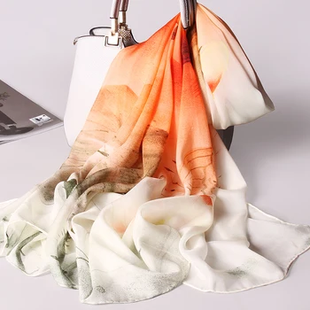 

100% Real Pure Silk Scarf For Women Print Chiffon Silk Shawls Wraps Long Scarves Headscarf For Ladies Foulard Femme 175x110cm