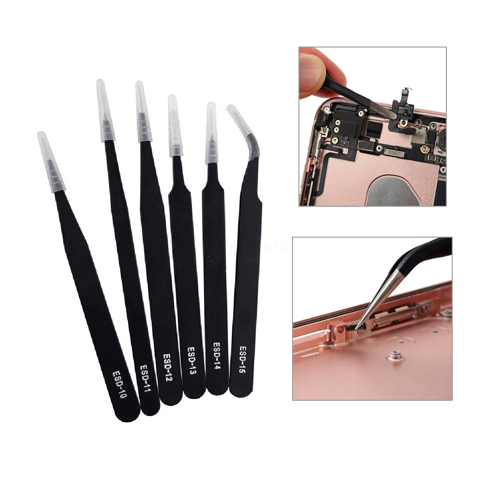6Pcs/Set ESD Curved Straight Tip Tweezers Antistatic Precision Tweezer