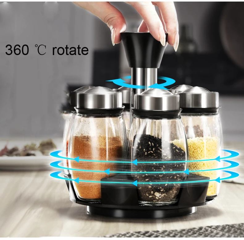 

360 Degree Seasoning Box Rotating Rack Herb Spice Jar Bottles Shaker Seasoning Glass Bottle Shelf Condiment Storage Container